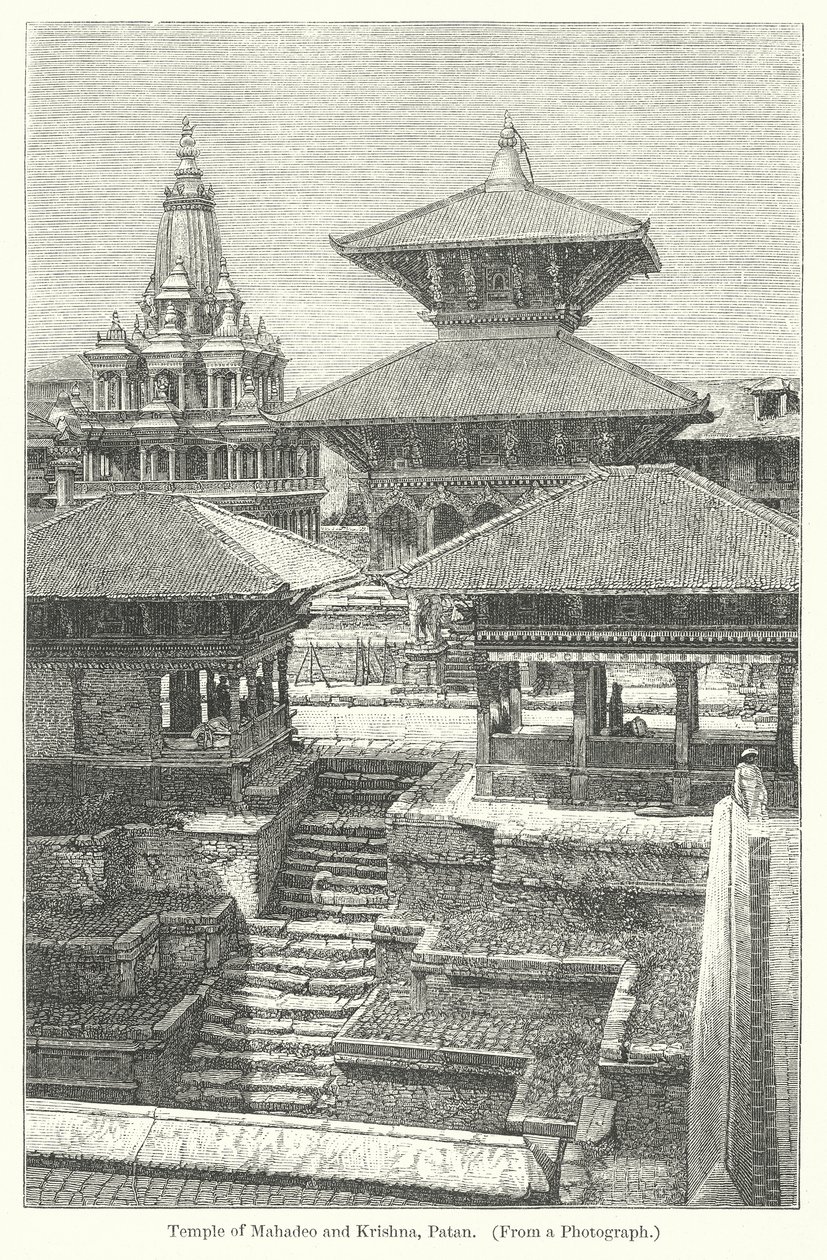 Mahadeos och Krishnas tempel, Patan (gravyr) av English School