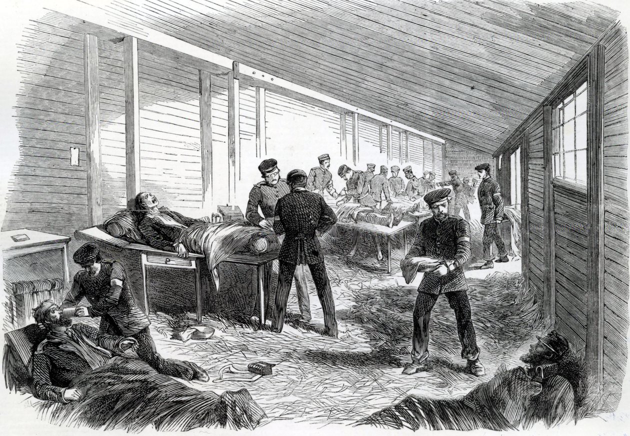 Tillfälligt fältsjukhus bakom den andra preussiska parallellen i Dueppel, 1864 av English School