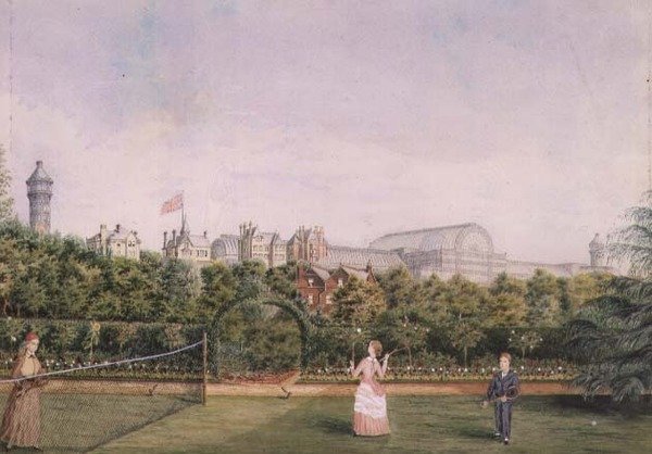 Tennis på Crystal Palace (akvarell förhöjd med vitt) av English School
