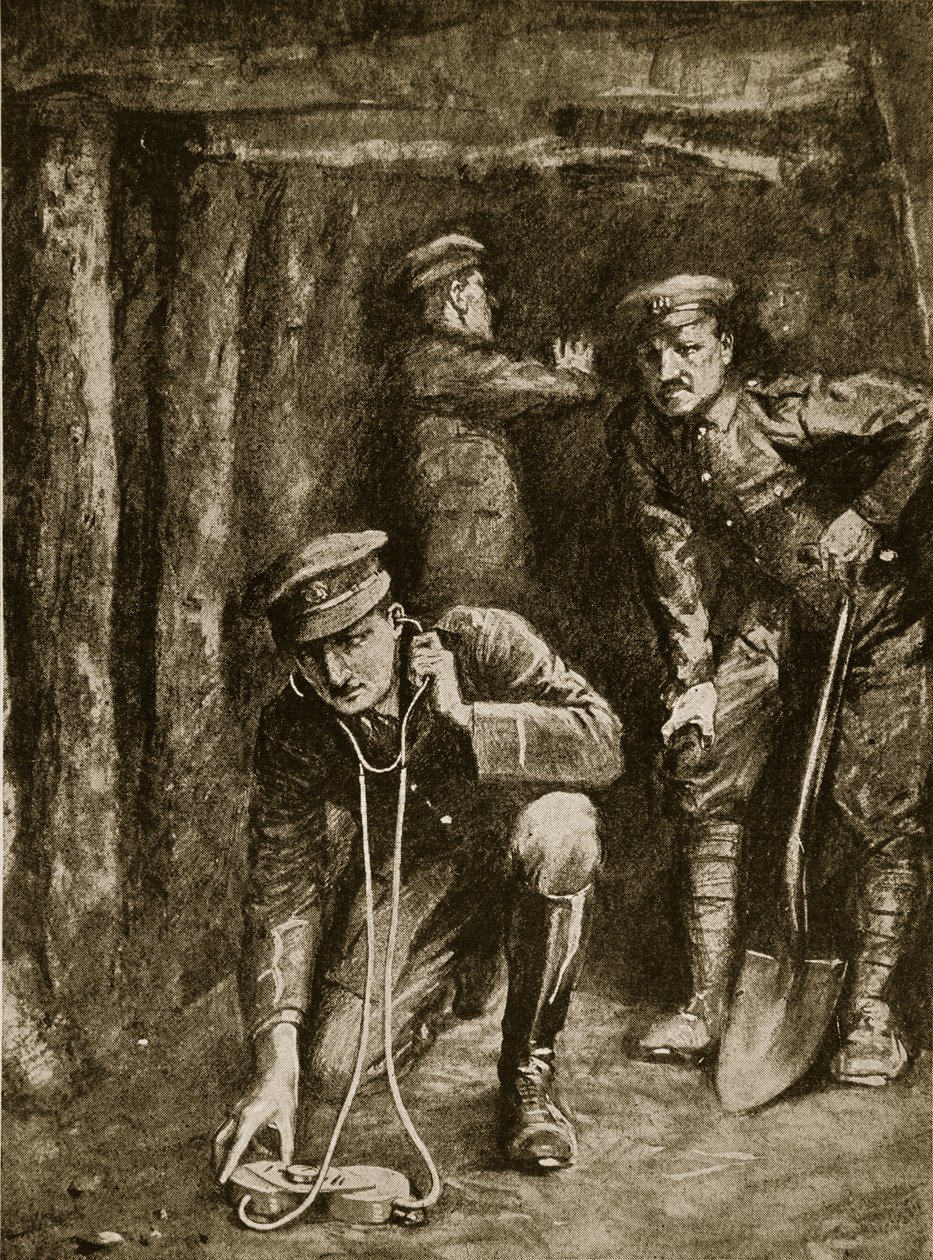Spänt ögonblick i gruvdrift i trench, 1914-19 av English School