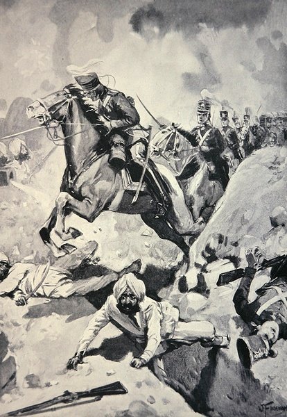 Thackwell leder 3rd Light Dragoons genom Sikh Earthworks, Battle of Sobraon av English School