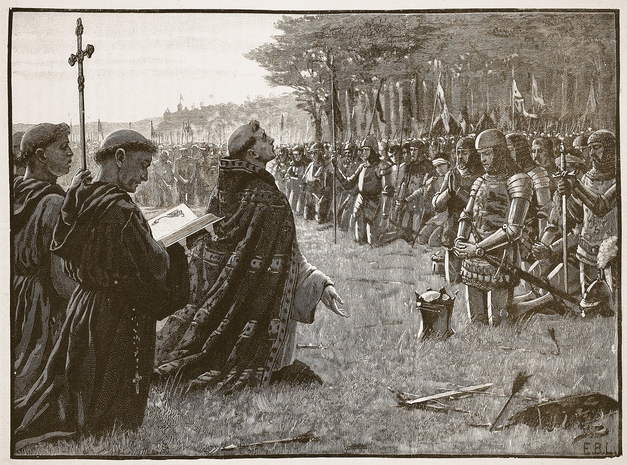 Thanksgiving av den engelska armén efter slaget vid Agincourt, 25 oktober 1415, illustration från Cassells Illustrated History of England (sepiafoto) av English School