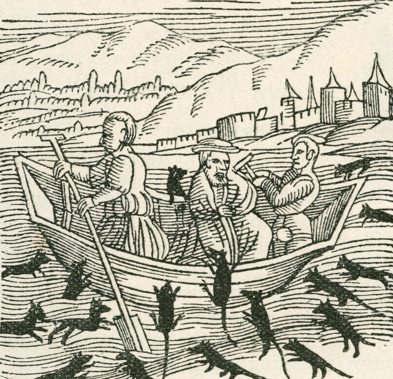 Folksagan från 1000-talet om Hatto, som var ärkebiskopen av Mainz, och vad som hände i mustornet, illustration från The Strand Magazine, 1897 av English School