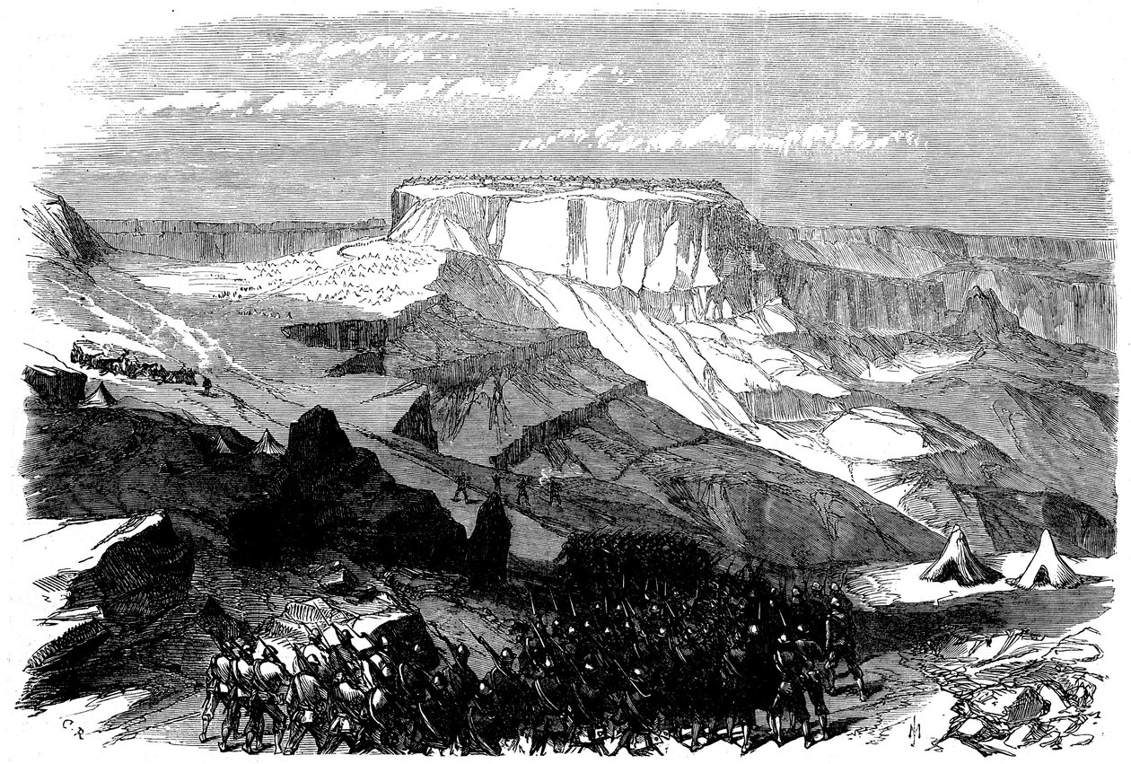 Den 33:e foten avancerar på Magdala, från den brittiska expeditionen till Abessinien, 1868 av English School