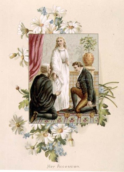 Tillträdet av drottning Victoria, 20 juni 1837, illustration från "Femtio guldår" av fru Craik, pub. av Raphael Tuck av English School