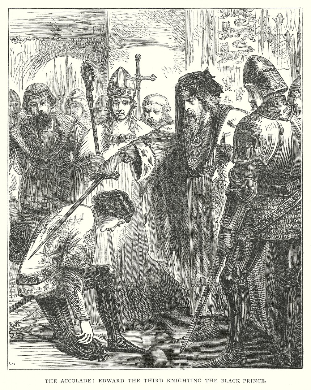 Accoladen: Edvard III riddar den svarte prinsen (gravyr) av English School