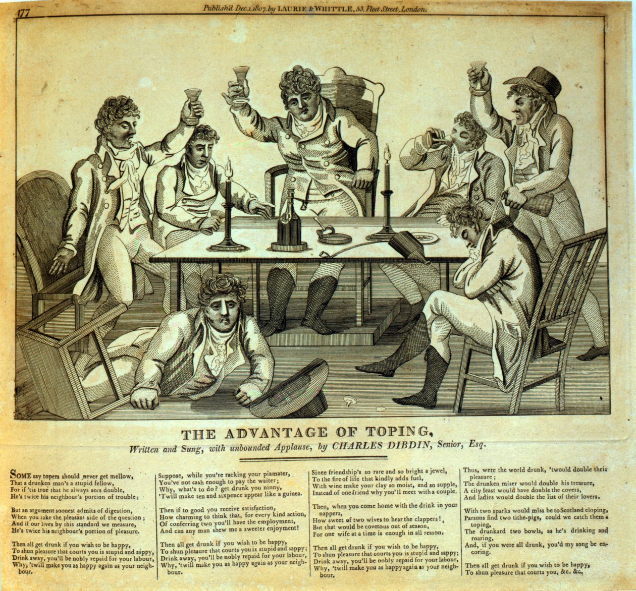The Advantage of Toping, skriven och sjungen av Charles Dibdin (1745-1814), pub. av Laurie & Whittle, 1807 av English School