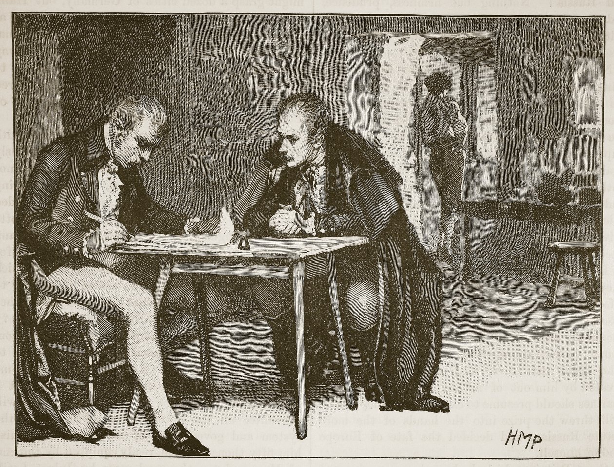 Storbritanniens och Sveriges agenter undertecknar fördraget mot Napoleon, illustration från Cassells Illustrated History of England (sepiafoto) av English School