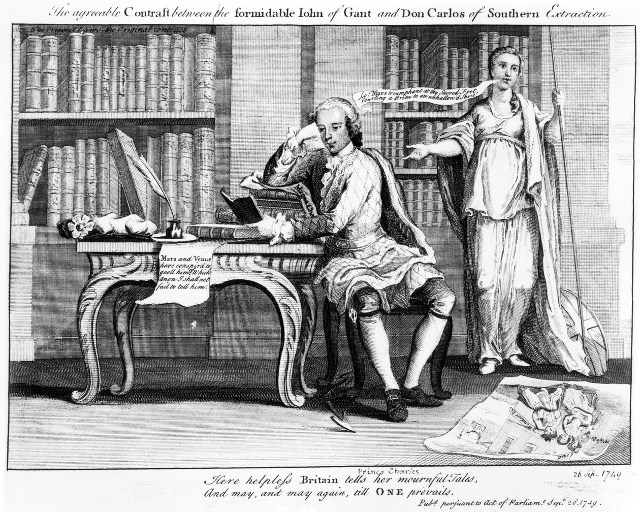 Den behagliga kontrasten mellan den formidabla John av Gant och Don Carlos från Southern Extraction, 1749 av English School