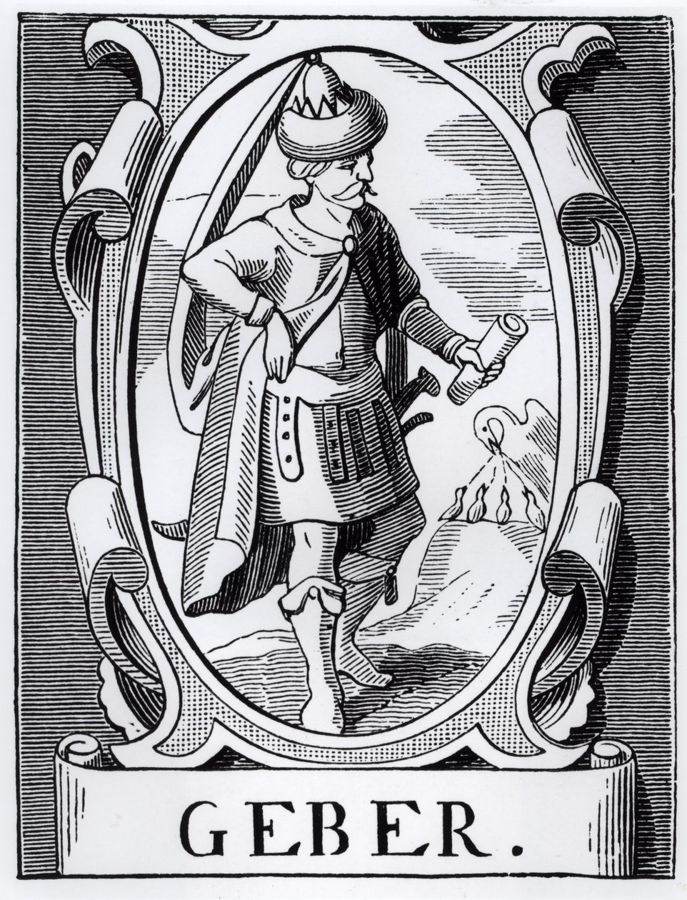 Alkemisten Geber (1300-talet) illustration från vetenskap och litteratur under medeltiden och renässansen, skriven och graverad av Paul Lacroix, 1878 av English School
