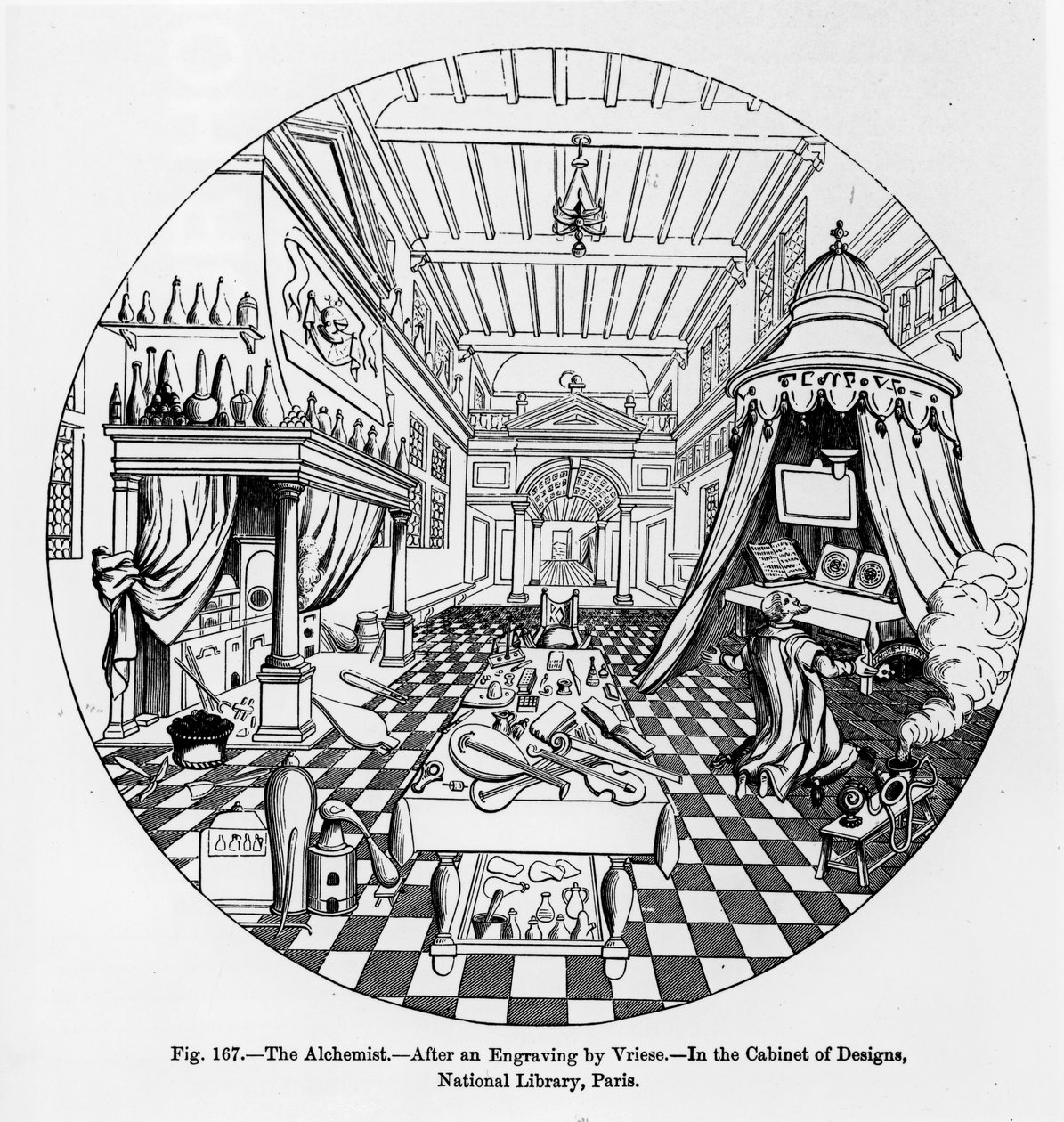 Alkemisten, efter en gravyr av Vriese, illustration från Vetenskap och litteratur under medeltiden och renässansen, skriven och graverad av Paul Lacroix, 1878 av English School