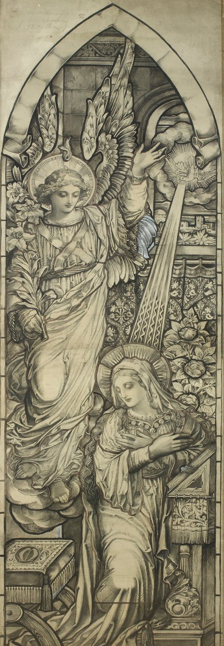 The Annunciation, workshop of Heaton, Butler & Bayne, c.1900 (svart krita & wc förhöjd med vitt) av English School