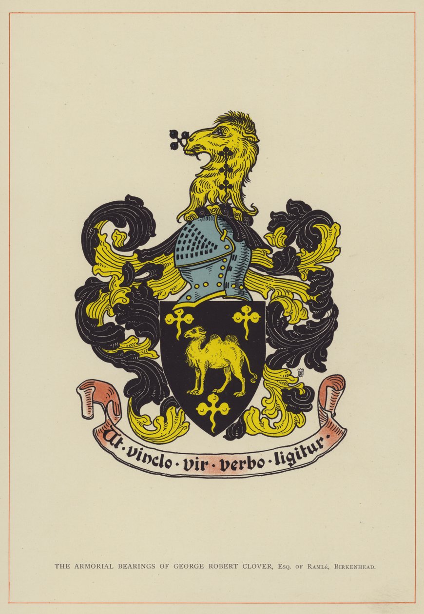 George Robert Clovers vapensköld, Esquire of Ramle, Birkenhead (färglitografi) av English School