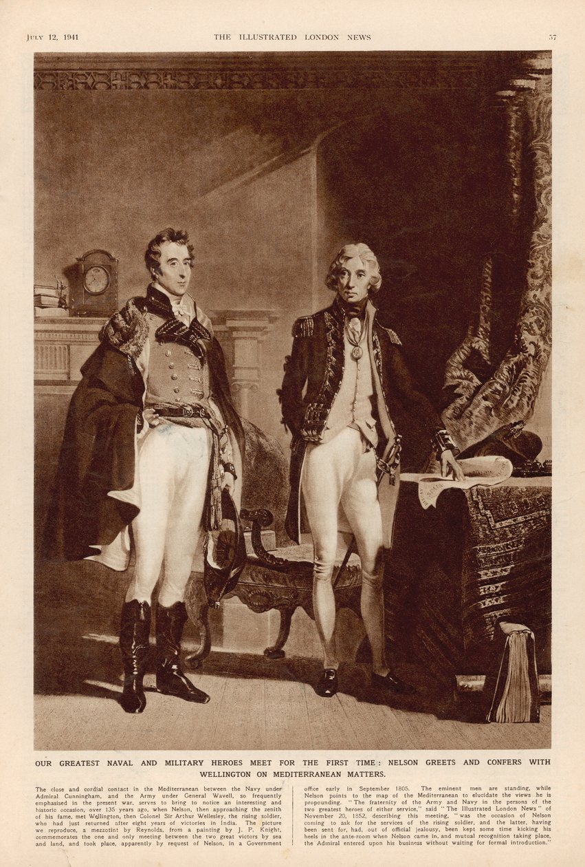 Armén och flottan: En intervju mellan Arthur Wellesley (1769-1852) hertig av Wellington och Lord Horatio Nelson (1758-1805) från The London Illustrated News, 12 juli 1941 av English School