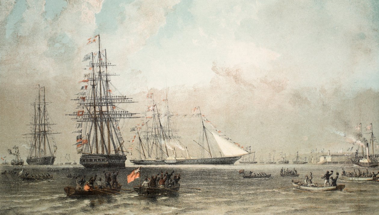 Ankomsten av den kungliga yachten utanför Gravesend, den 7 mars 1863, från A Memorial of bröllopet av Edward VII och Alexandra of Denmark, pub. 1864 av English School