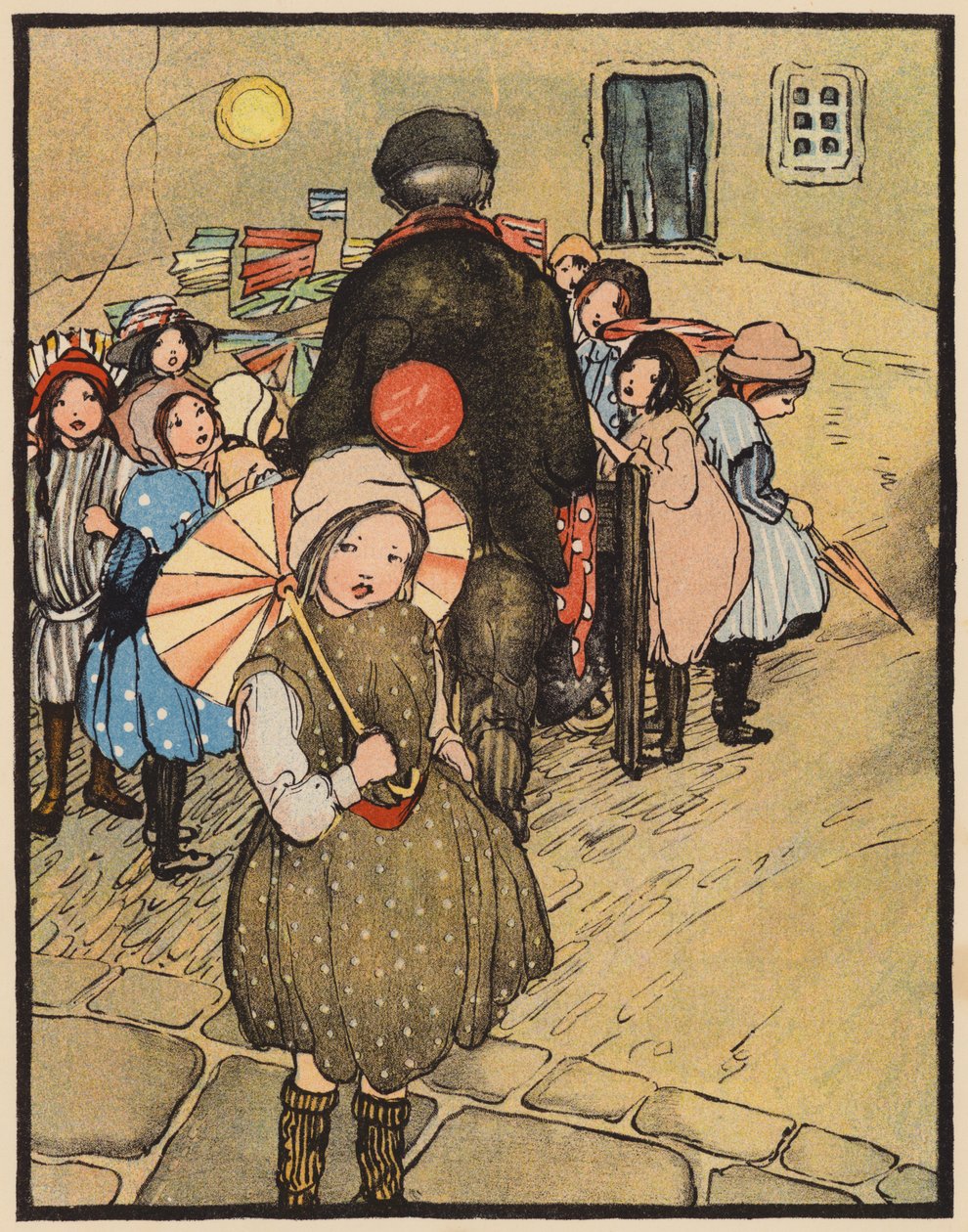 Ballongmannen kommer till byn (färglitografi) av English School