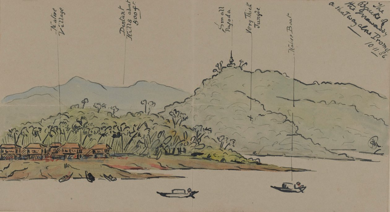 The Banks of the Irrawaddy, Burma, 1886 (wc med penna och bläck på papper) av English School