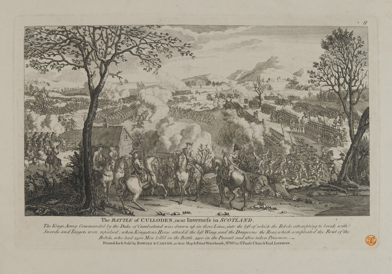 Slaget vid Culloden, nära Inverness i Skottland, publicerat av Bowles och Carver, 1746 av English School