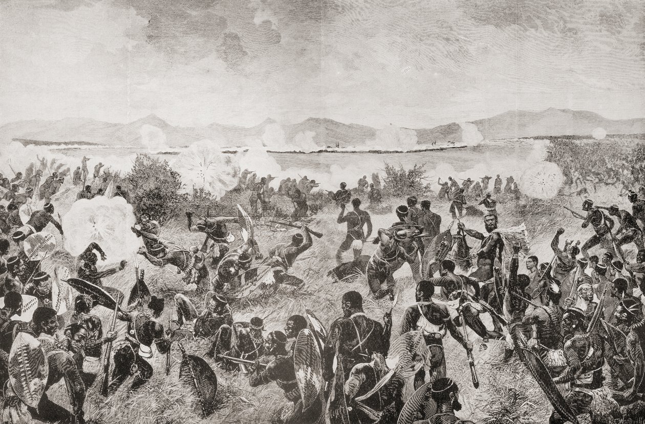 Slaget vid Ulundi 1879 som visar den sista rusningen av zuluerna och det brittiska torget i fjärran, från 
