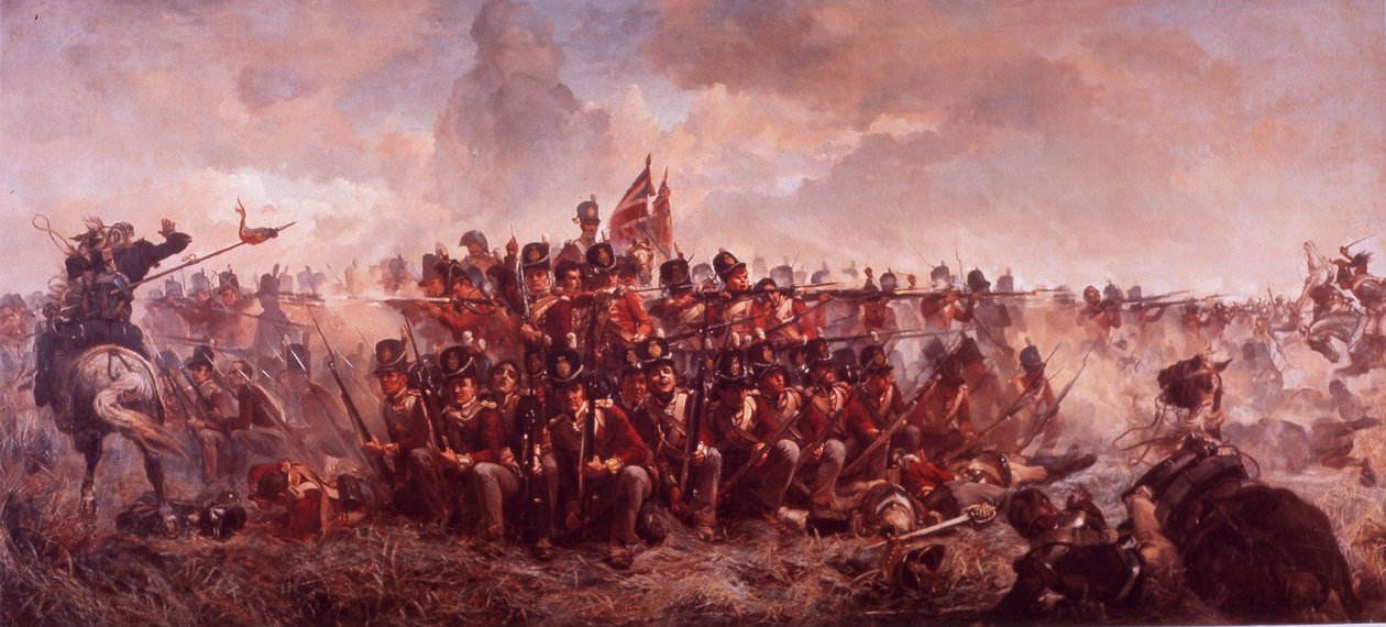 Slaget vid Waterloo (färg litho) av English School