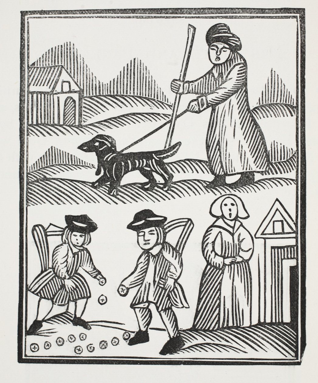 Tiggaren som reser med sin hund, tar hem goda förråd av rikedom till proggen, med vilken han överträffar riddaren, och vigs sitt barn till hennes förtjusning, illustration från Chap-books of the Arteenth Cen av English School
