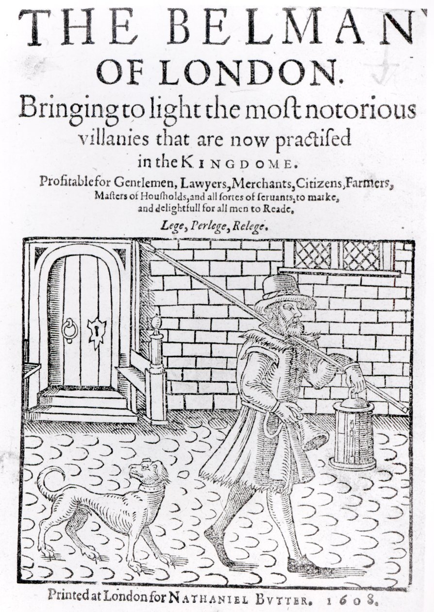 The Bellman of London, av Thomas Dekker (c.1570-c.1641) titelsida, tryckt av Nathaniel Butter, 1608 av English School