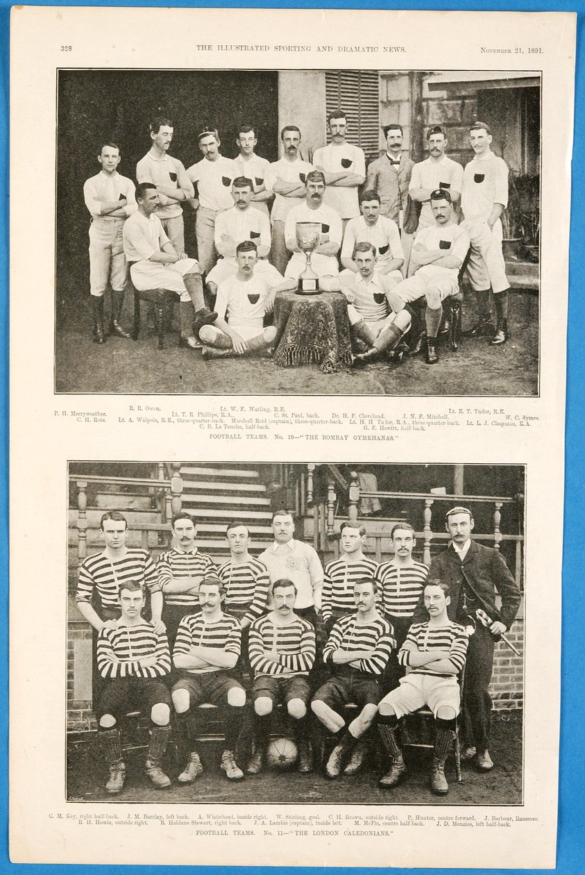 Bombay Gymkhanas och The London Caledonians, fotbollslag med i The Illustrated Sporting and Dramatic News, 21 november 1891 av English School