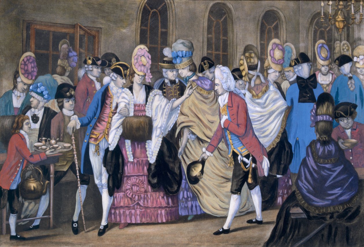 The Bread and Butter Manufactory, eller Humors of Bagnigge Wells, pub. Av Carington Bowles, 1772 99:Macaroni style; traditionell kostym; traditionell klänning; mode; vattenkokare; koppar; av English School