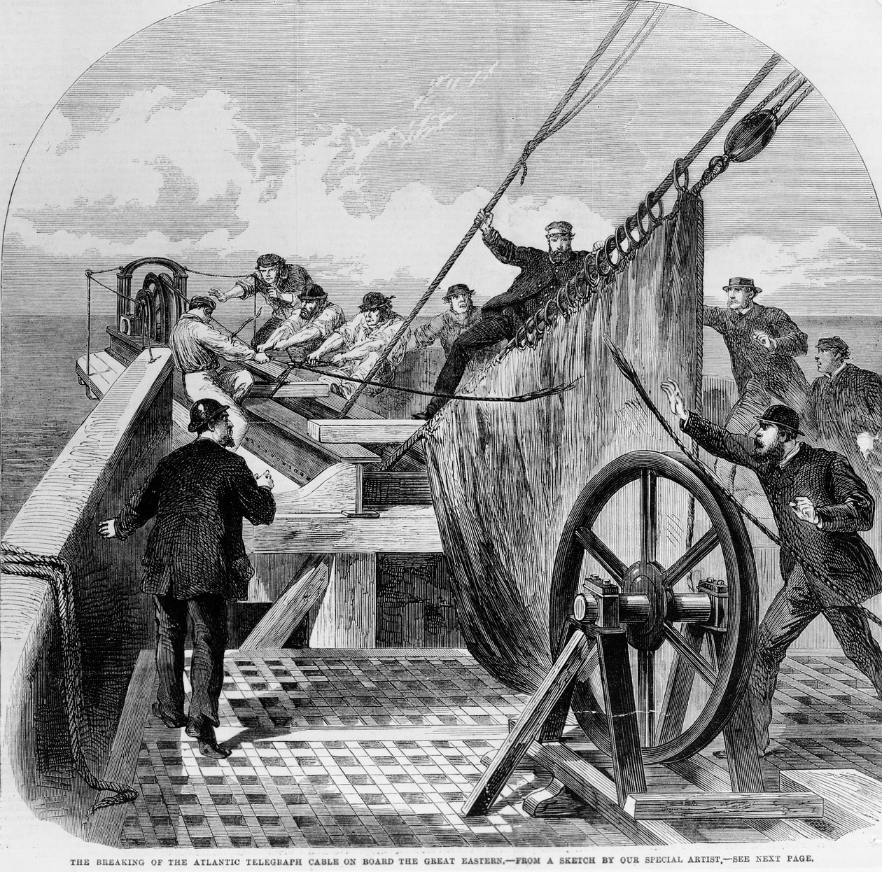 Avbrottet av den atlantiska telegrafkabeln ombord på Great Eastern, 1865 (gravyr) av English School