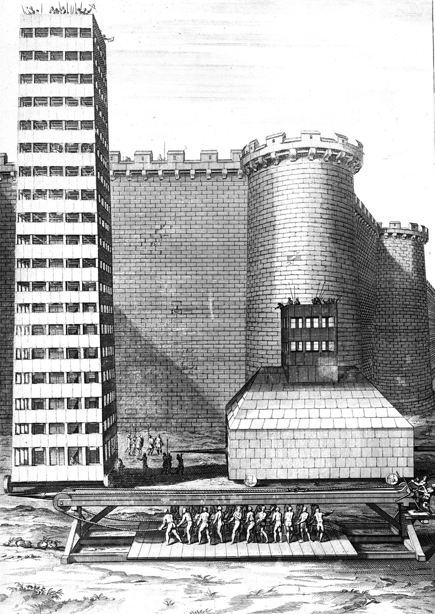 Tegeltornet och Musculus vid belägringen av Marseille, graverad av Cornelis Huyberts, illustration från Caesars Commentaries översatt till engelska av William Duncan, publicerad 1753 av English School