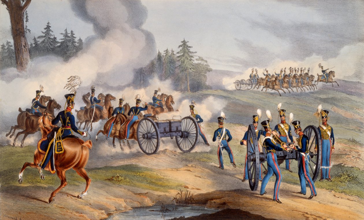 Det brittiska kungliga artilleriet förbereder sig för strid, 1835 av English School