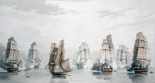 Den brittiska skvadronen under befäl av kapten Charles Marsh Schomberg och den franska skvadronen under befäl av Commodore Roquebert, lugnade strax efter inledningen av aktionen utanför Madagaskar, 20 maj 1811 (färg litho) av English School