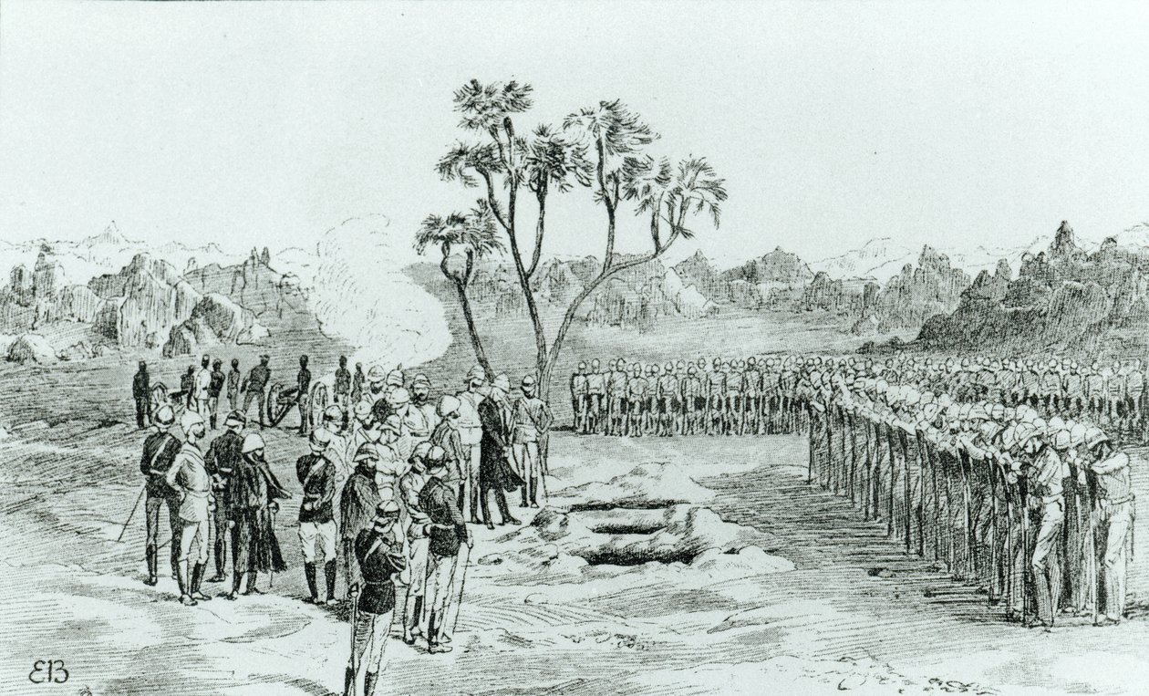 Begravningen av general Earle och överstar Eyre och Coveney i Kirbekan, från The Campaign of the Cataracts av general William Francis Butler, publicerad 1887 av English School