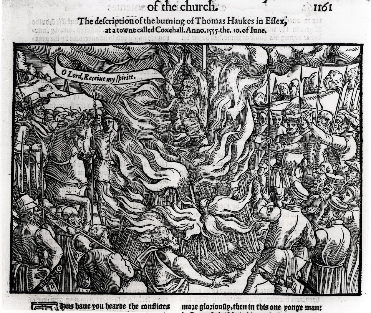 The Burning of Thomas Haukes, 10 juni 1555, från "Acts and Monuments" av John Foxe (1516-87) 1563 av English School