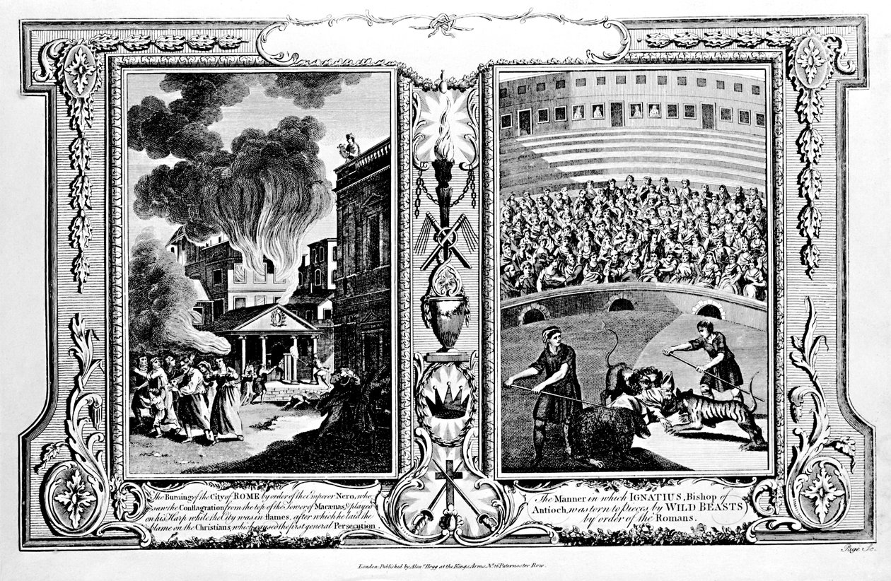 Brännandet av staden Rom och att biskopen av Antiokia dödades av lejon, från "The New and Complete Book of Martyrs", av Paul Wright av English School