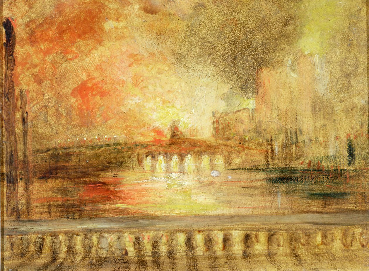 The Burning of the Houses of Parliament, som tidigare tillskrivits J.M.W. Turner (1775-1851) av English School