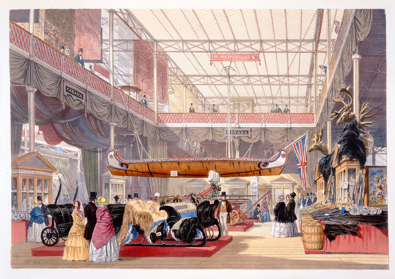The Canadian Hall från Dickinsons omfattande bilder av den stora utställningen 1851..., publicerad av Dickinson Brothers, 1854 av English School