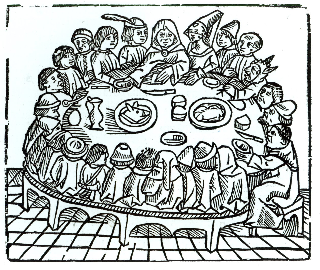 Pilgrimerna från Canterbury sitter ner för en gemensam måltid, illustration från Geoffrey Chaucers (ca 1345-1400) 