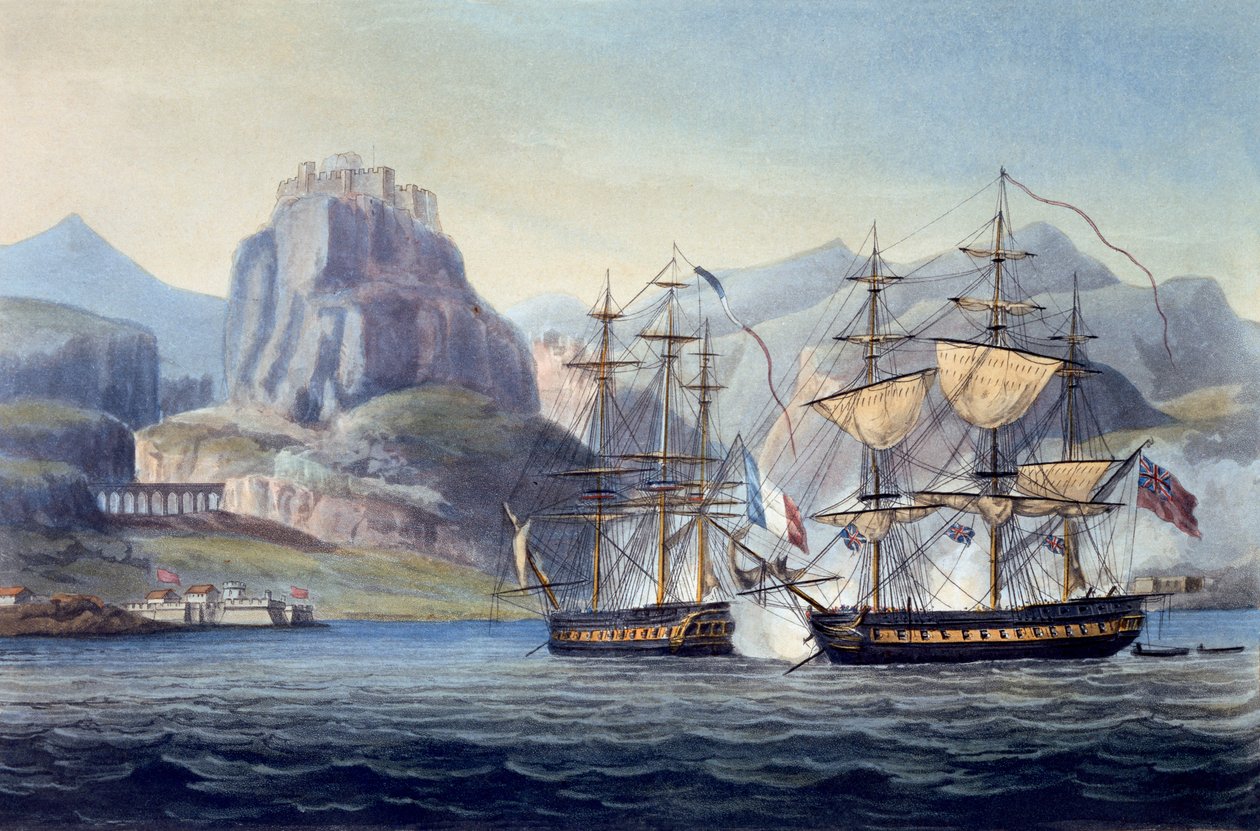 The Capture of the Var av HMS Belle Poule utanför Korfu, 1809, från The Naval Chronology of Great Britain, av J. Ralfe av English School
