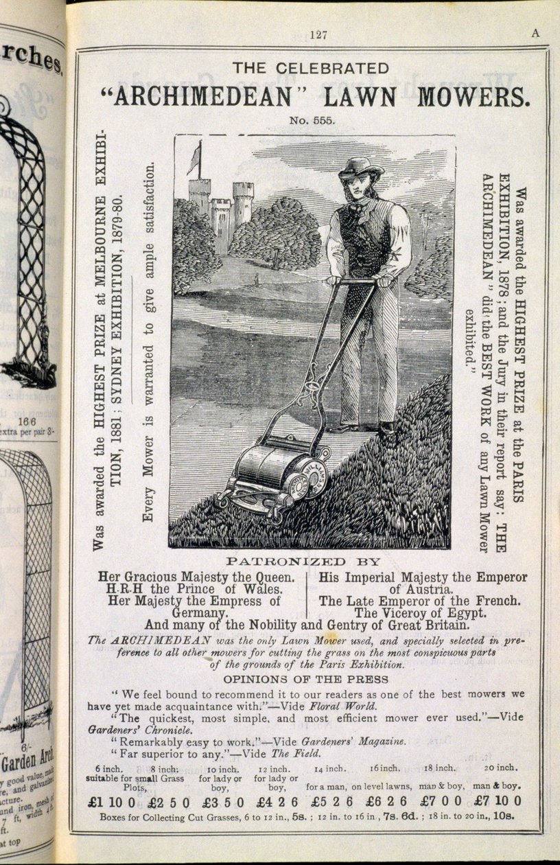 The Celebrated Archimedean Lawn Mowers, från den nya illustrerade katalogen över trädgårdsredskap, trädgårdsmöbler och rekvisita, publicerad av Wrinch & Sons, 1893 av English School