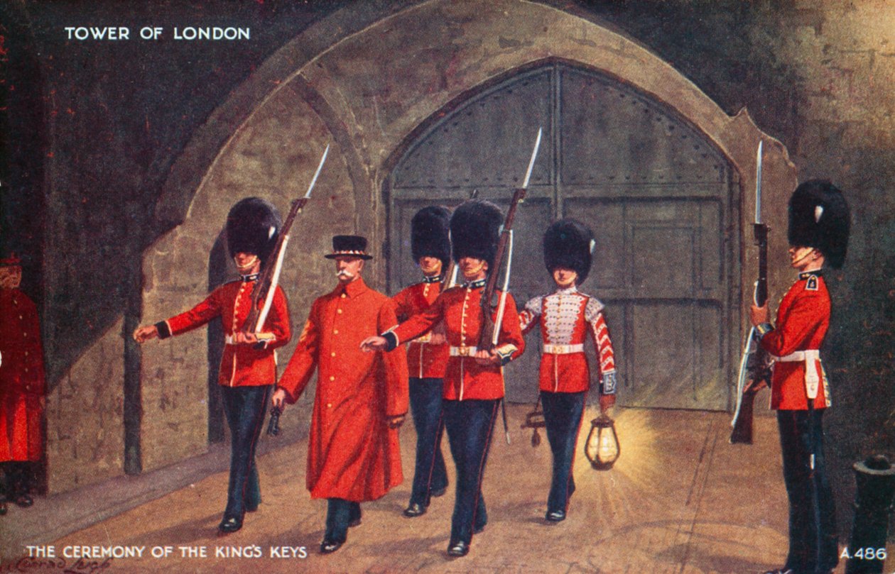 Ceremonin för kungens nycklar, Towern i London (färglitografi) av English School