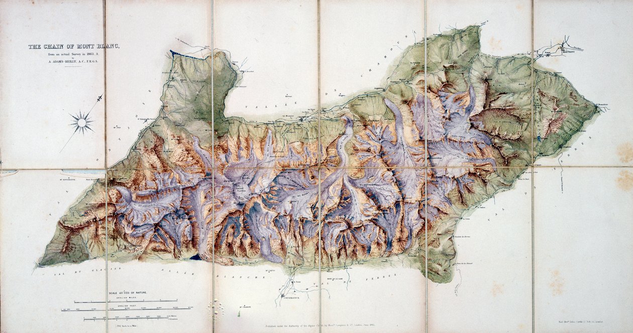 The Chain of Mont Blanc, från en faktisk undersökning 1863 av A. Adams Reilly, publicerad i A Record of Mountain Adventure and Scientific Observation for the Alpine Club, 1865 av English School
