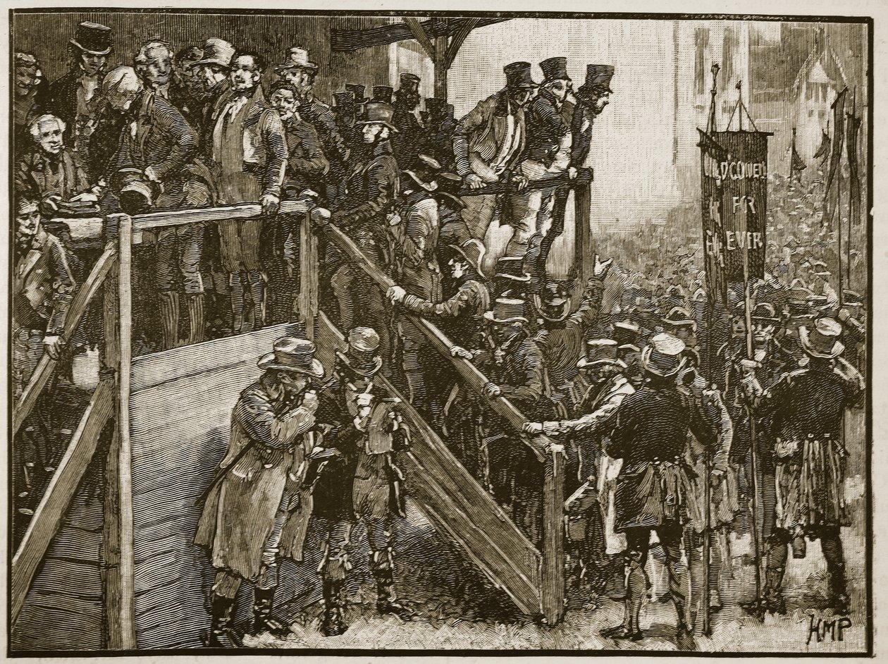 Clare Contest: Fader Murphy leder sina hyresgäster till omröstningen, illustration från Cassells Illustrated History of England (sepiafoto) av English School