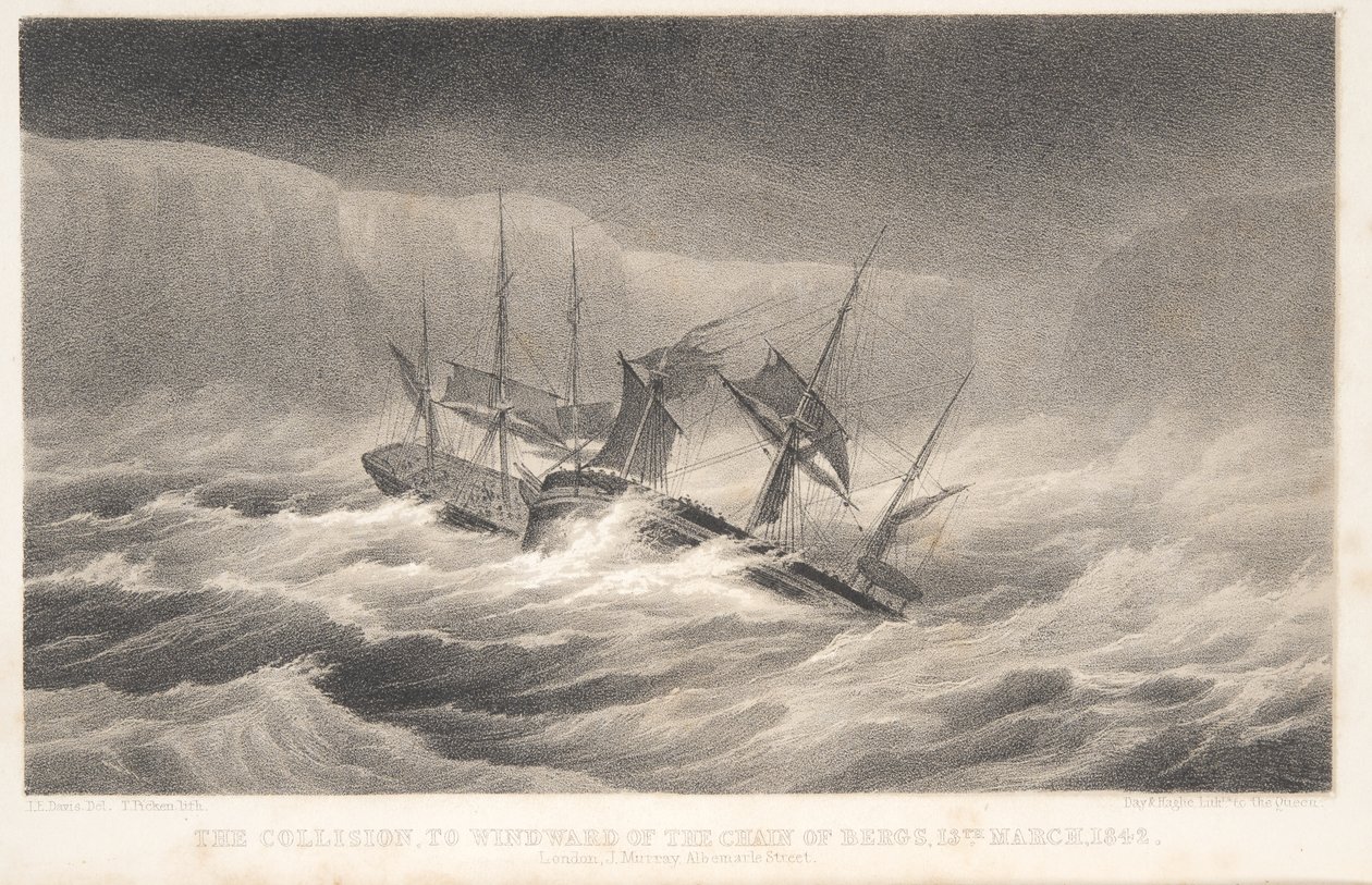 The Collision, från Voyage of Discovery and Research in th Southern and Antarctic Regions av kapten Sir James Clark Ross, pub. 1847 (gravyr) av English School