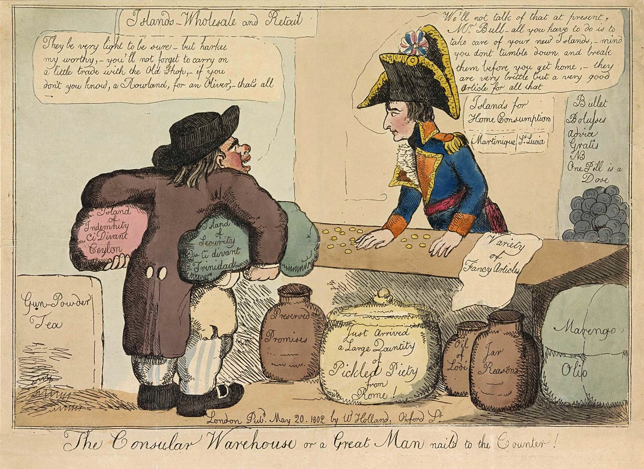 The Consular Warehouse eller en stor man spikad till disken, pub. 1802 (handfärgad gravyr) av English School