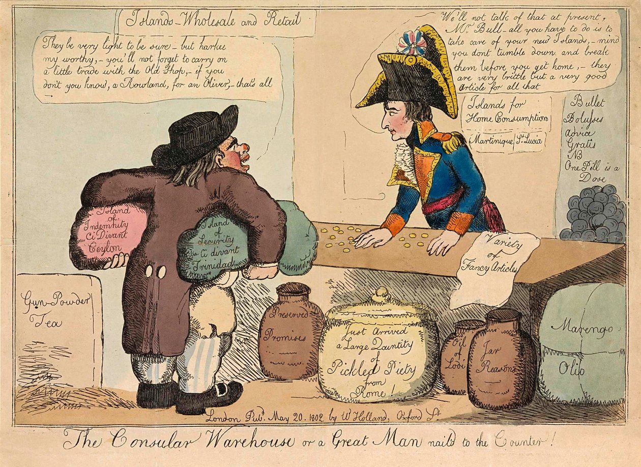 The Consular Warehouse eller en stor man spikad till disken, pub. 1802 handfärgad gravyr. av English School