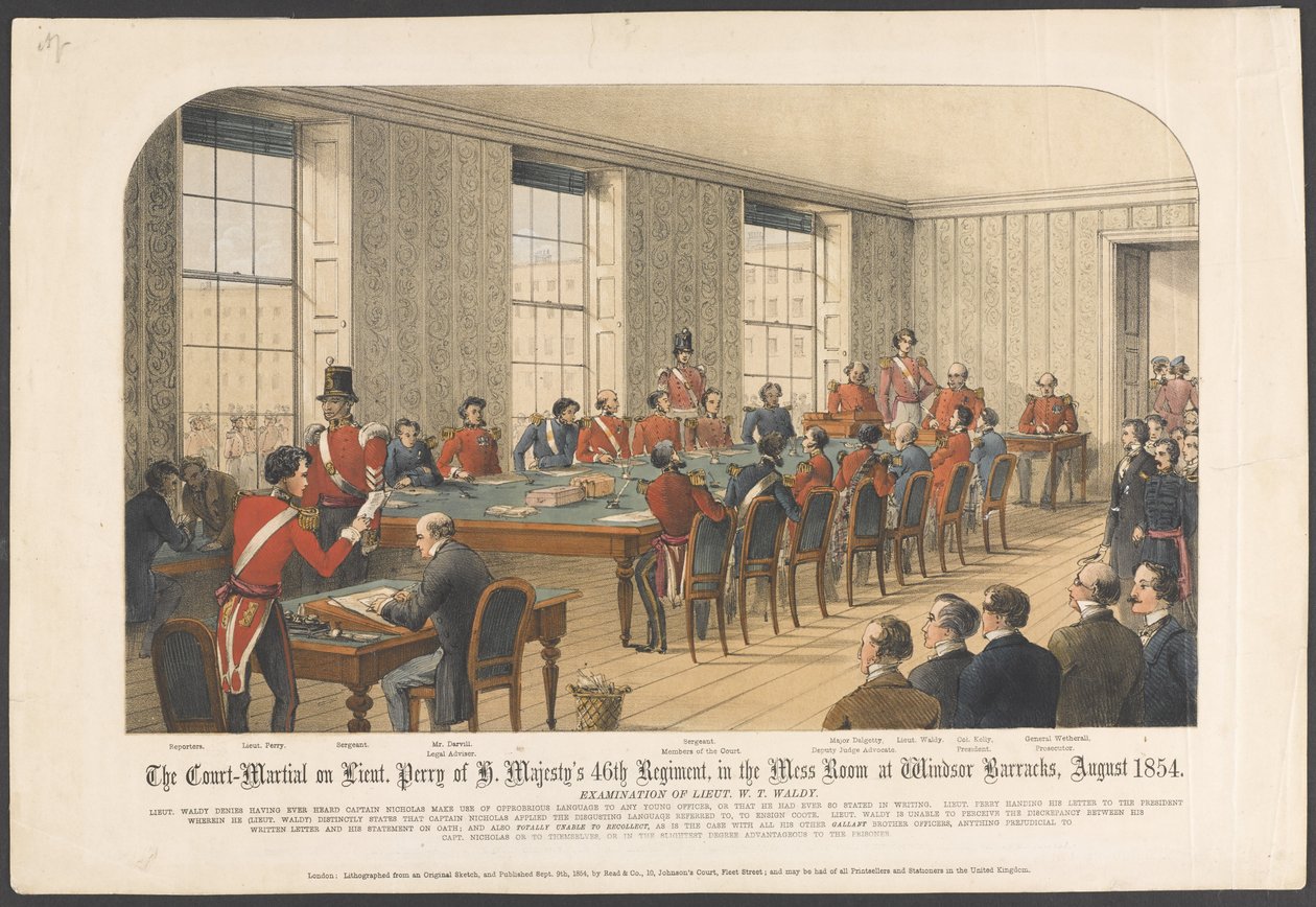 Löjtnens krigsrätt. Perry från H. Majestys 46:e regemente, i mässrummet vid Windsor Barracks, augusti 1854 (färg litho) av English School