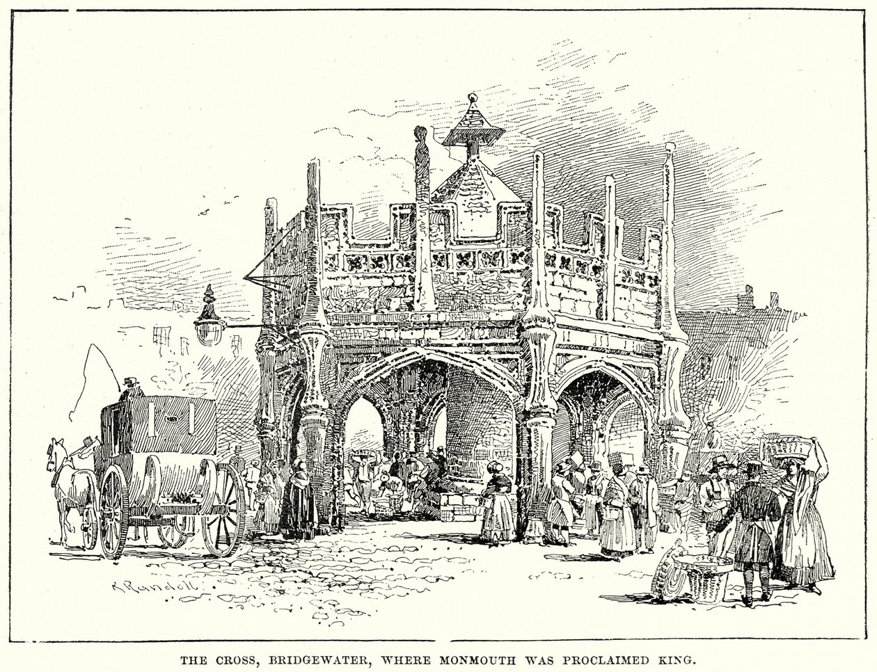 The Cross, Bridgewater, där Monmouth utropades till kung (gravyr) av English School