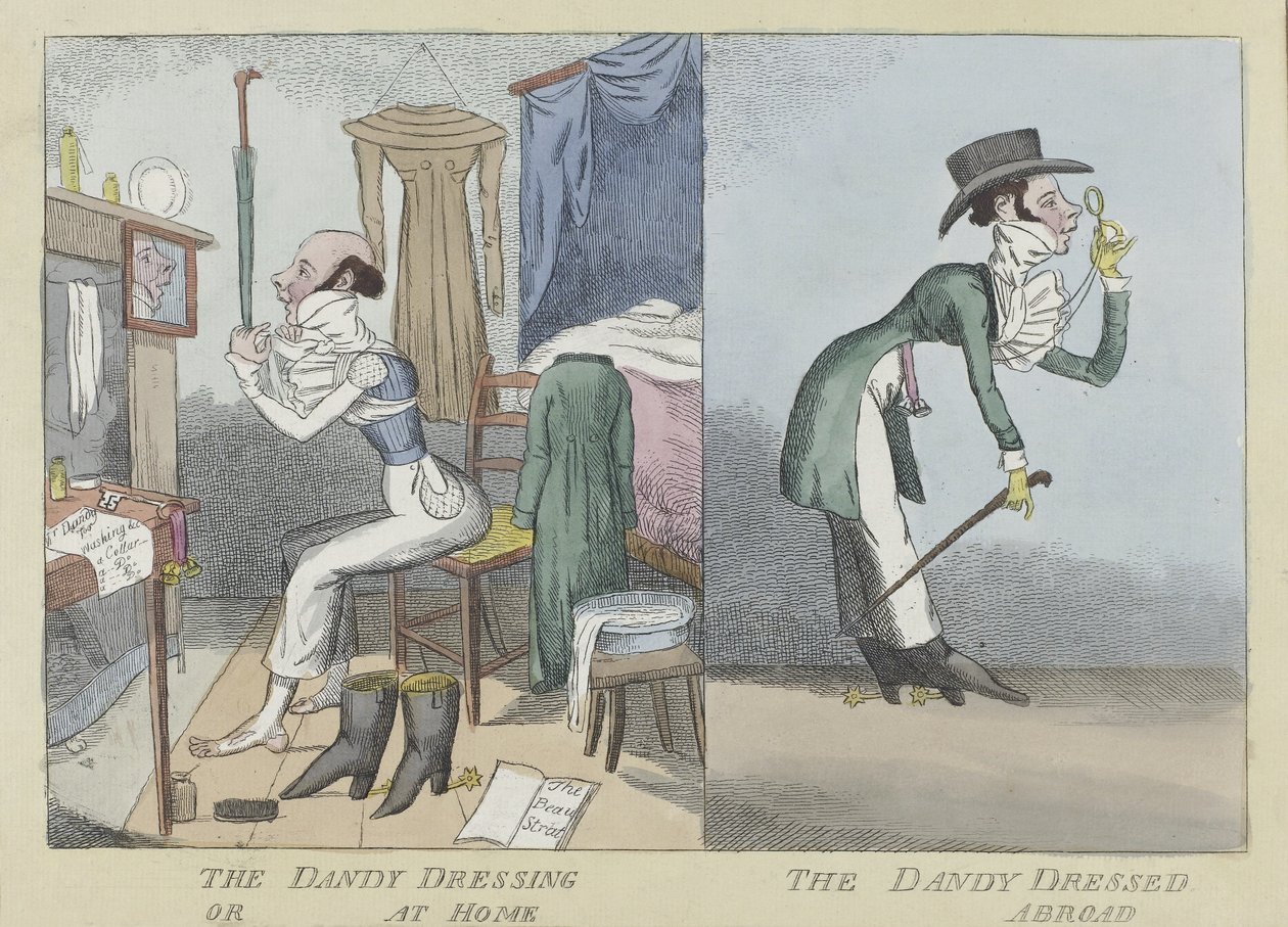 The Dandy Dressing or At Home, The Dandy Dressed Abroad, pub.c.1820 (handfärgad gravyr) av English School