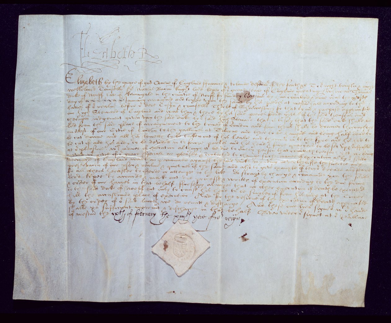 Dödsdomen för Thomas Howard, 4:e hertigen av Norfolk, undertecknad av drottning Elizabeth I, 1572 (bläck på veläng) av English School